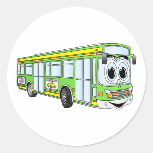 Green City Bus Cartoon Ronde Sticker (Voorkant)