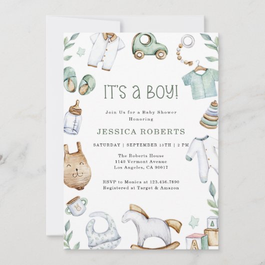 Green Clothes and Toys Baby Boy Shower Kaart (Voorkant)