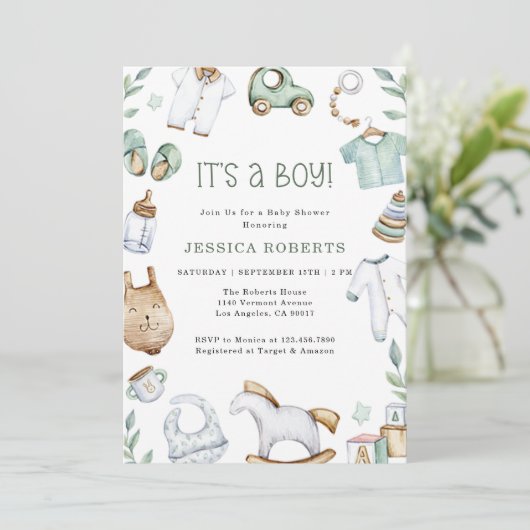 Green Clothes and Toys Baby Boy Shower Kaart (Staand voorkant)