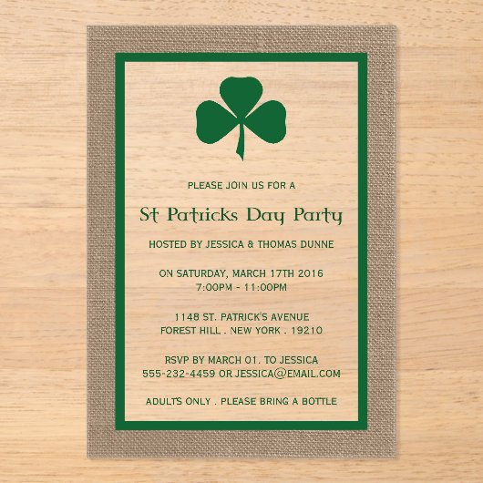 Green Clover & Burlap St. Patrick's Day Acryl Uitnodigingen (Voorkant)