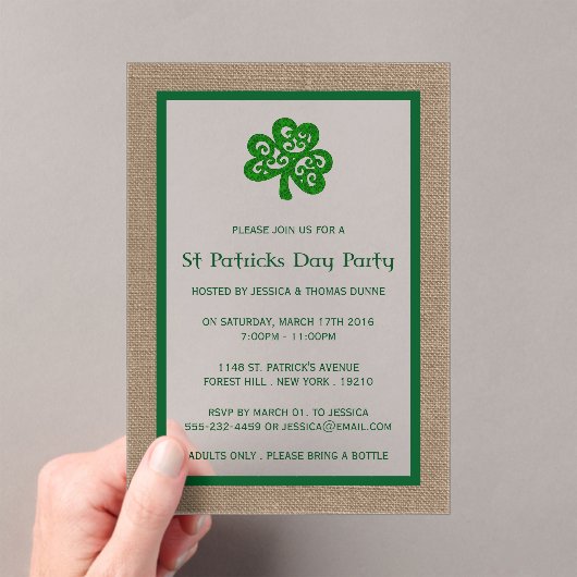 Green Clover & Burlap St. Patrick's Day Acryl Uitnodigingen (Insitu (Draagbaar))