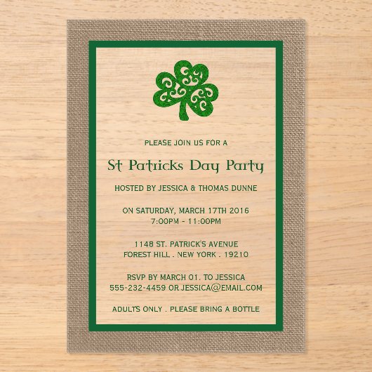 Green Clover & Burlap St. Patrick's Day Acryl Uitnodigingen (Voorkant)