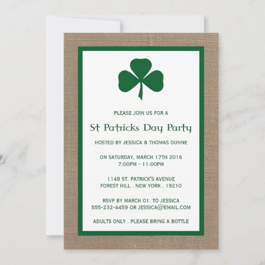 Green Clover & Burlap St. Patrick's Day Invitation Kaart (Voorkant)