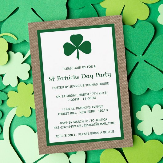 Green Clover & Burlap St. Patrick's Day Invitation Kaart