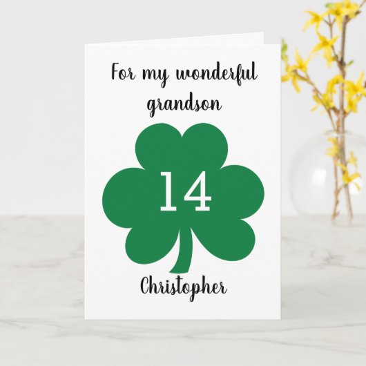 Green Clover Leaf St. Patrick's Day 14e verjaardag Kaart (Gele Bloem)