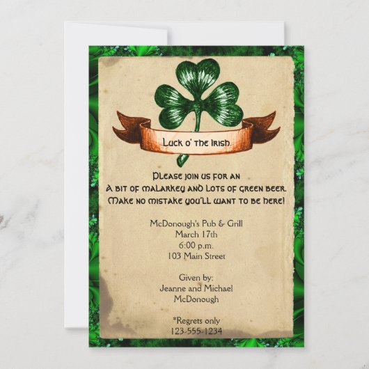 Green Clover Parchment St. Partics Day Invitation Kaart (Voorkant)