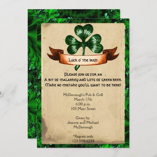 Green Clover Parchment St. Partics Day Invitation Kaart (Voorkant / Achterkant)