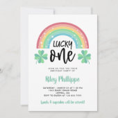 Green Clover & Rainbow Lucky One First Birthday Kaart (Voorkant)
