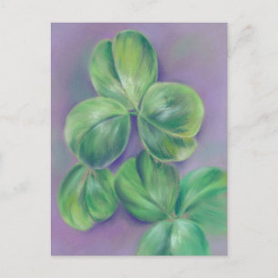 Green Clover Shamrocks op Paarse pasteelkunst Briefkaart