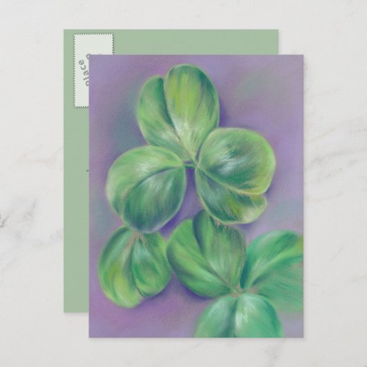 Green Clover Shamrocks op Paarse pasteelkunst Briefkaart (Voorkant / Achterkant)