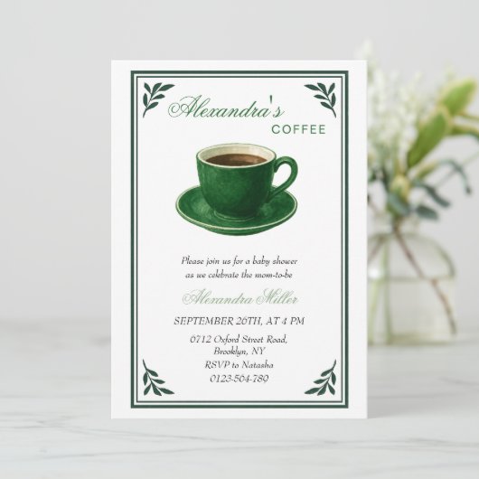 Green Coffee Cup Designer Baby Shower Kaart (Staand voorkant)