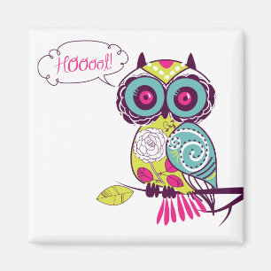 Green Colorful  Retro Floral Owl Magnet