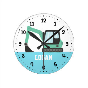 Green Construction Excavator Digger Kinder Room Ronde Klok