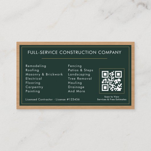 Green Construction Handyman QR Code Professional Visitekaartje (Achterkant)