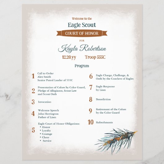 Green, Copper Pine Needles Eagle Court of Honor Flyer (Voorkant)