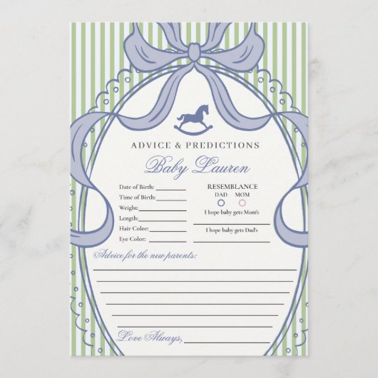 Green Coquette Bow Rocking Horse Baby Advice Card Kaart (Voorkant)