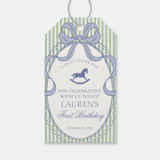 Green Coquette Bow Rocking Horse Birthday Favors Cadeaulabel (Voorkant)