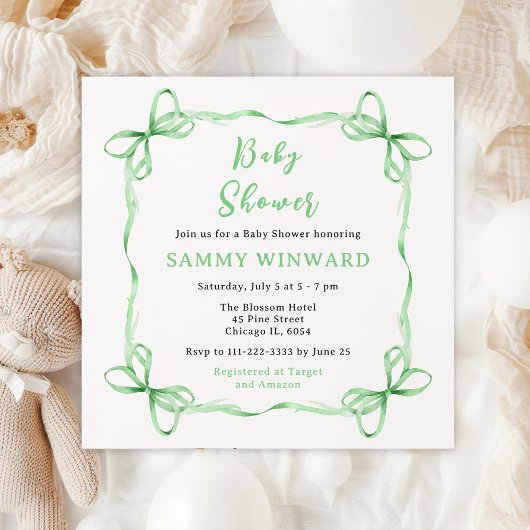 Green Coquette Ribbon Baby shower Kaart