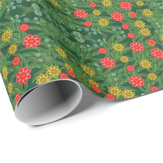 Green Country Flowers Mirror Pattern Gift Wrap Cadeaupapier (Rol Hoek)