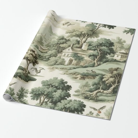 Green Countryside Hot Air Balloon Toile (8) Cadeaupapier (Uitgerold)