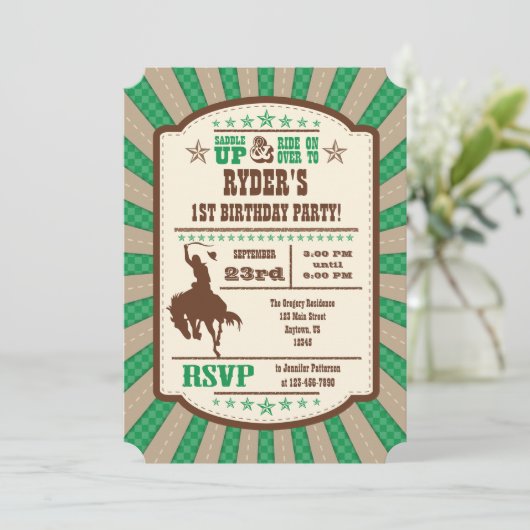 Green Cowboy Rodeo Birthday Party Invitation Kaart (Staand voorkant)