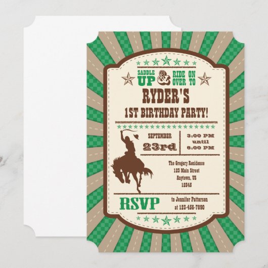 Green Cowboy Rodeo Birthday Party Invitation Kaart (Voorkant / Achterkant)