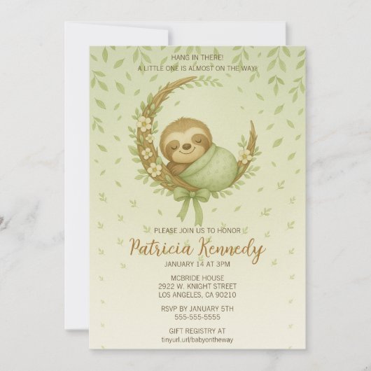 Green Cozy Sloth Woodland Baby shower Kaart (Voorkant)