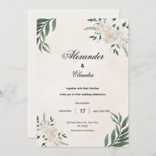 Green & Cream Botanical Wedding, Kaart (Voorkant / Achterkant)