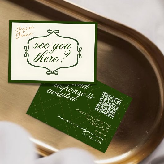 Green Cream  Cheques & Bow RSVP QR Wedding Informatiekaartje