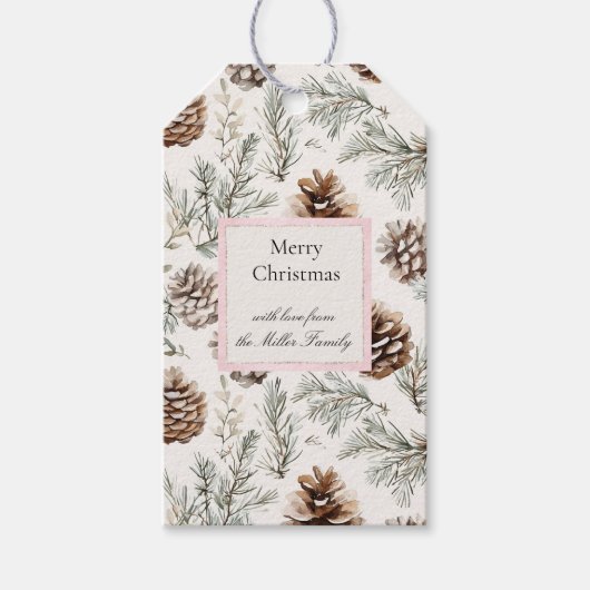 Green Cream Christmas Pine Cones Cadeaulabel (Voorkant)