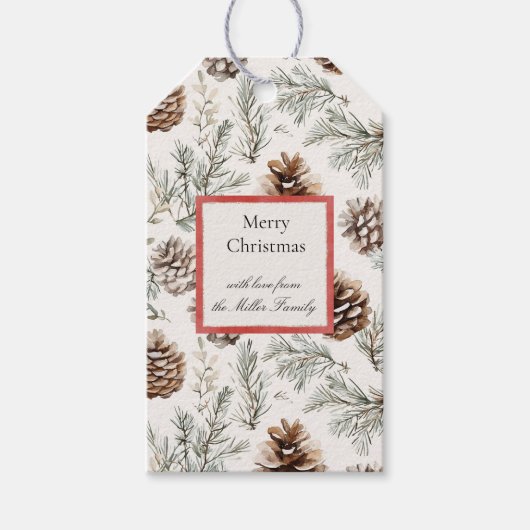 Green Cream Christmas Pine Cones Red Border Cadeaulabel (Voorkant)