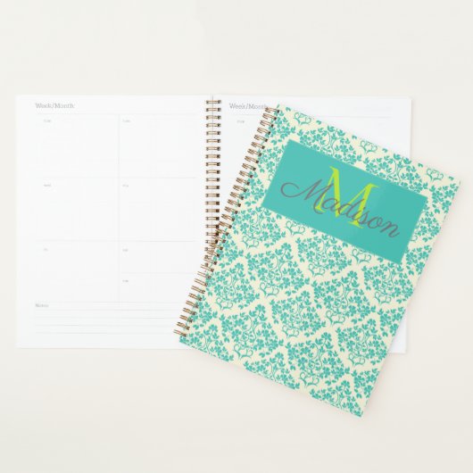 Green Cream Damask Cute Girly Trendy Monogram Planner (Display)