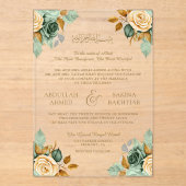 Green Cream Floral Gold Muslim Wedding Acryl Uitnodigingen (Voorkant)