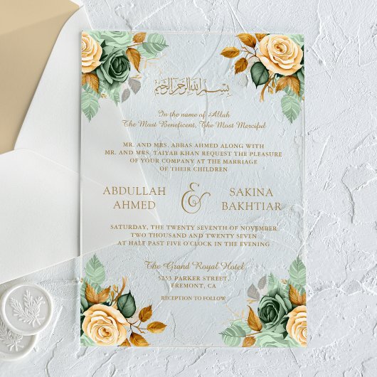 Green Cream Floral Gold Muslim Wedding Acryl Uitnodigingen
