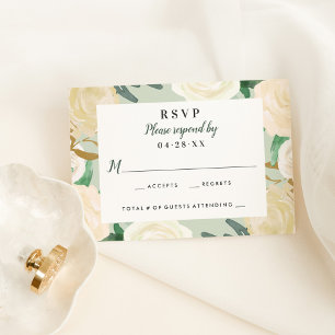 Green Cream Gold Floral Greenery Wedding RSVP Kaartje