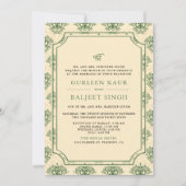Green Cream Ikat Anand Karaj Sikh Wedding Kaart (Voorkant)