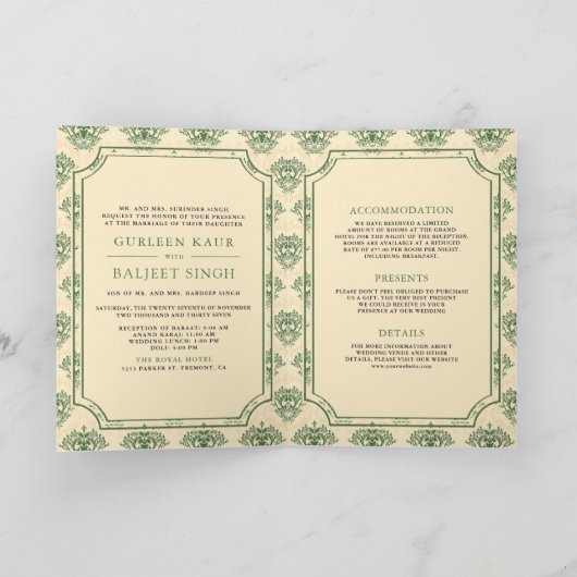 Green Cream Ikat Damask All in One Sikh Wedding (Binnen)