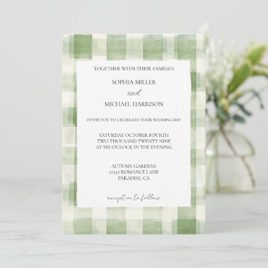 Green Cream Plaid Stripes Country Wedding Kaart (Staand voorkant)