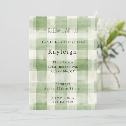 Green Cream Plaid Stripes Verjaardag Kaart (Staand voorkant)