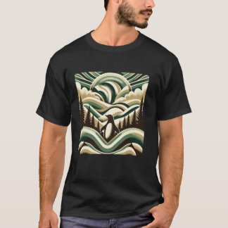 Green Cream Retro Art Deco Golven Pinguïn Tree For T-shirt