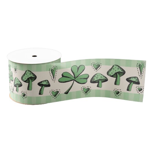Green & Cream Shamrocks Hearts and Mushrooms 3" Grosgrain Lint (Spoel)