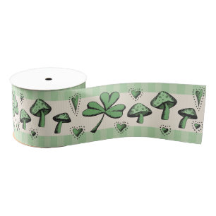 Green & Cream Shamrocks Hearts and Mushrooms 3" Grosgrain Lint