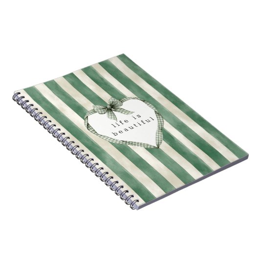 Green Cream Stripes Heart Bow Notitieboek (Rechterzijde)