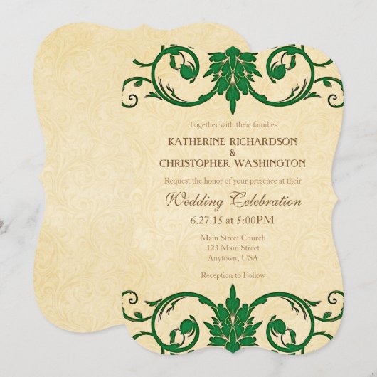 Green Cream Swirls Vintage bruiloft uitnodiging (Voorkant / Achterkant)