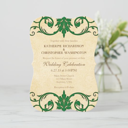 Green Cream Swirls Vintage bruiloft uitnodiging (Staand voorkant)