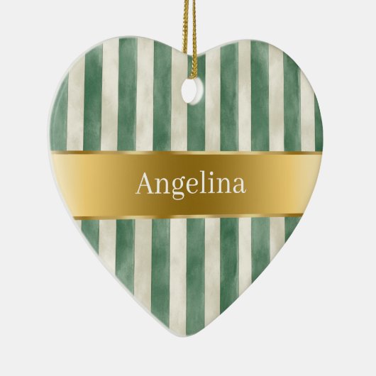 Green Cream White Stripes Gold Ribbon Christmas Keramisch Ornament (Rechts)