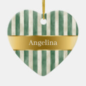 Green Cream White Stripes Gold Ribbon Christmas Keramisch Ornament (Voorkant)