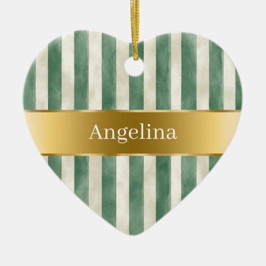 Green Cream White Stripes Gold Ribbon Christmas Keramisch Ornament (Voorkant)