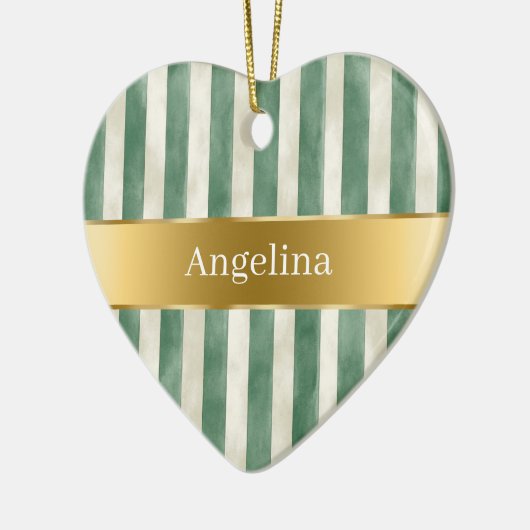 Green Cream White Stripes Gold Ribbon Christmas Keramisch Ornament (Links)