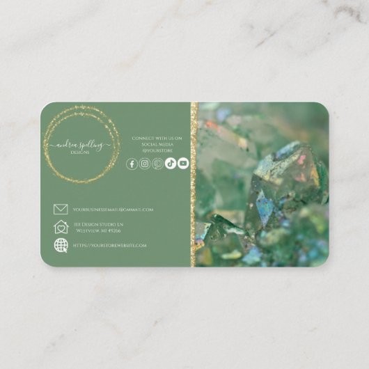 Green Crystal Quartz Gold Glitter Visitekaartjes (Achterkant)